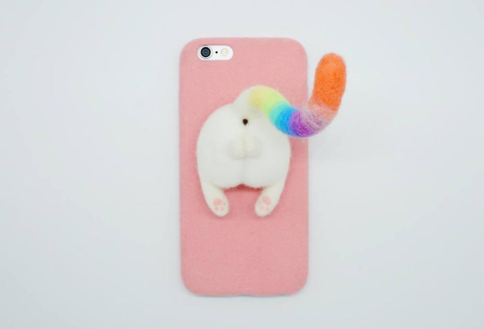 Needle Felted Cat Butt Phone Case, Rainbow Tail Cat