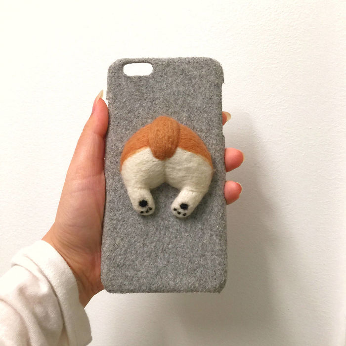 Handmade Gray Corgi Dog Butt Felt Phone Case