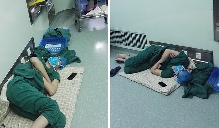 Surgeon Caught Asleep On The Floor After Epic 28-Hour Shift, And Now His Photos Are Going Viral
