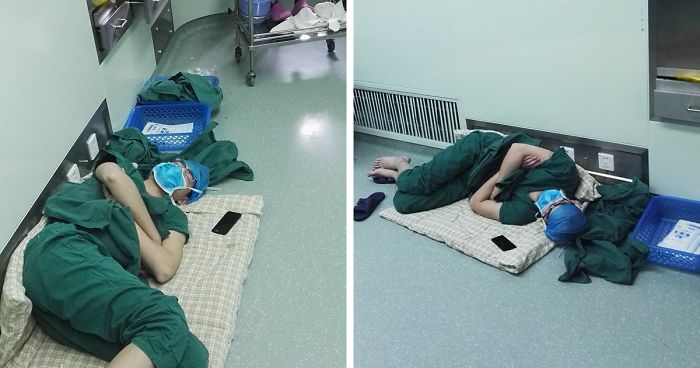 Surgeon Caught Asleep On The Floor After Epic 28 Hour Shift And Now