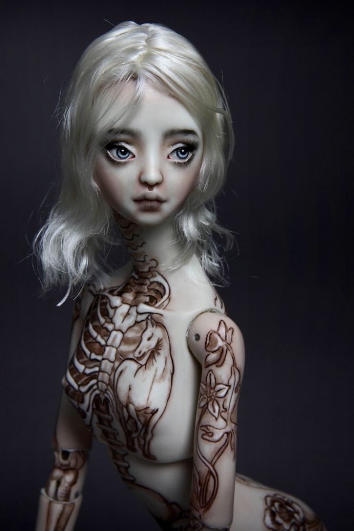 Impressive Engraved And Painted Tattoos On Small One Of A Kind Porcelain Dolls