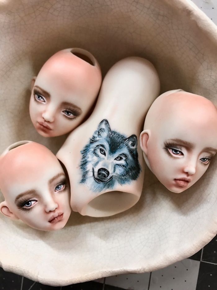 Impressive Engraved And Painted Tattoos On Small One Of A Kind Porcelain Dolls