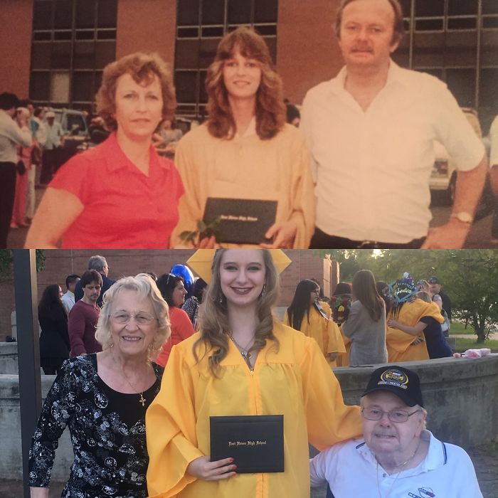 Top: Mother With Parents, 1984. Bottom: Daughter With Grandparents, 2016. Rip Mom.