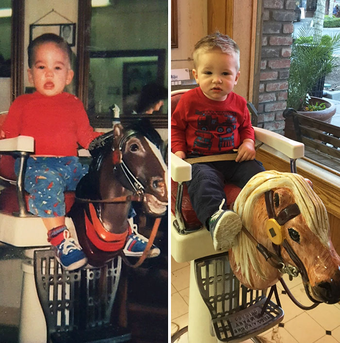 Took My Son To Get His First Haircut. Same Age, Similar Outfit, And The Same Chair (just Updated)