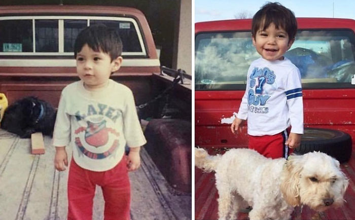 On The Left - My Husband In 1992 On His Parents Truck. On The Right - Our Son And Our Truck