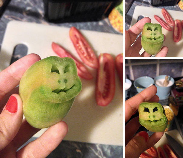 Green Tomato With Smiling Monkey Face Inside