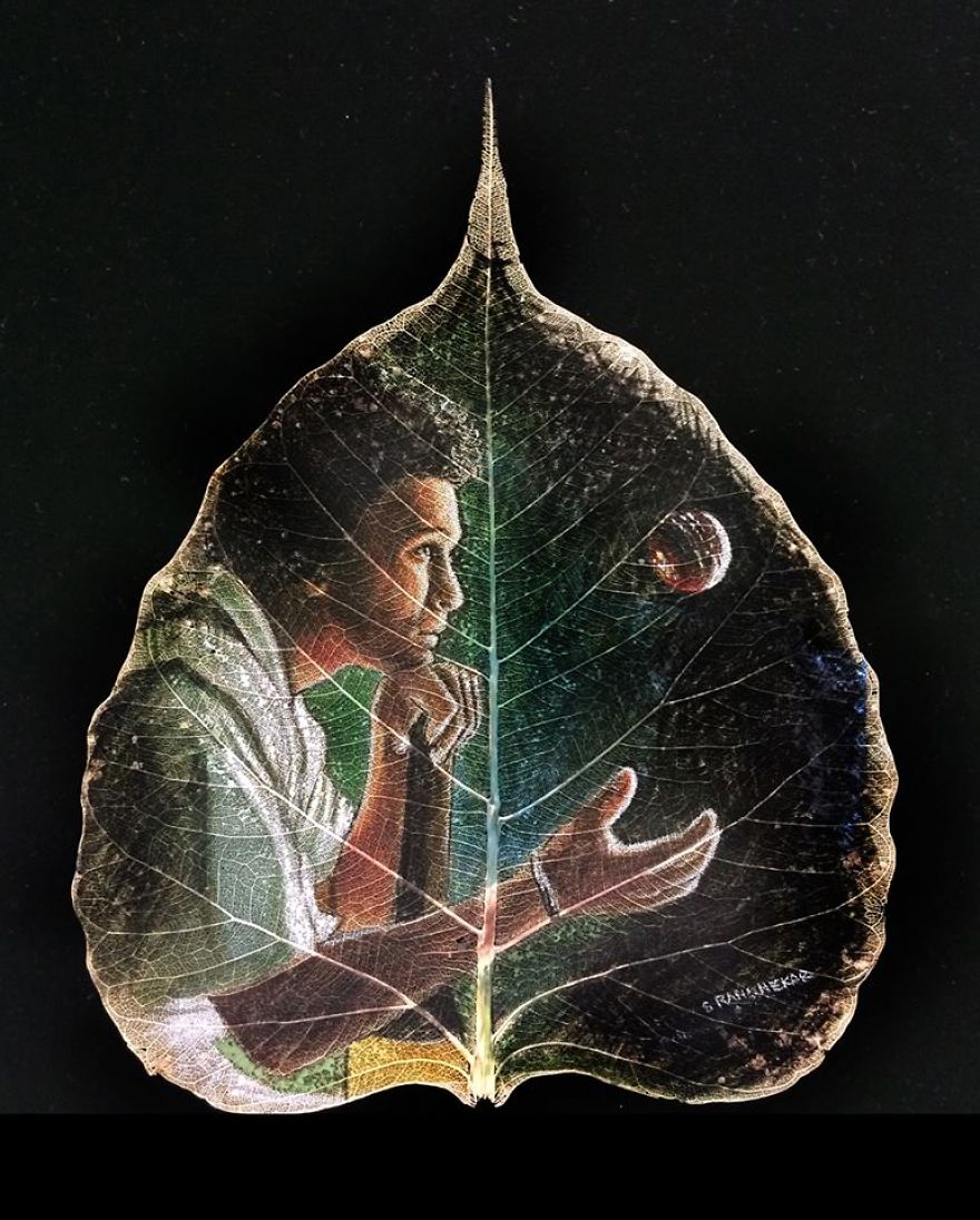 Indian Artist Paints Detailed Portraits On Skeleton Tree Leaves Indian Artist Paints Detailed Portraits On Skeleton Tree Leaves