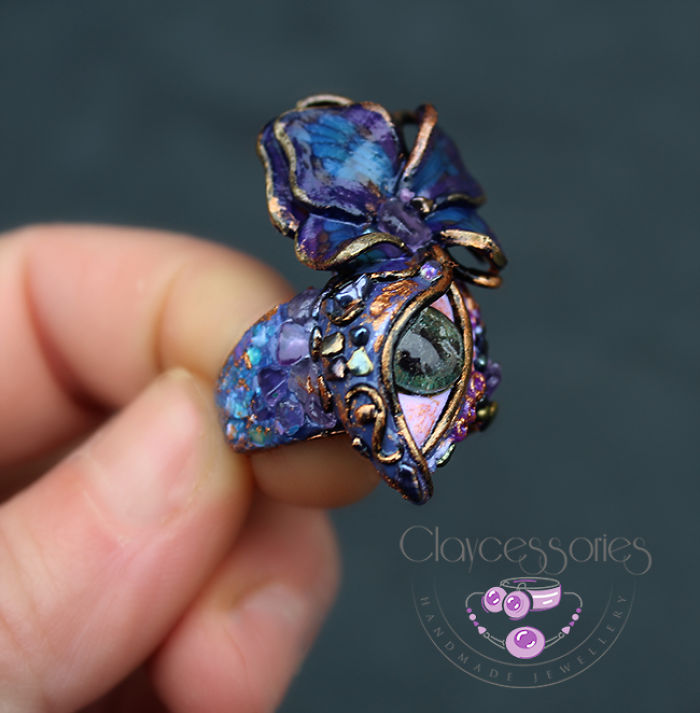 I Create Art Rings From Polymer Clay Decorated With Precious Stones And Pearls