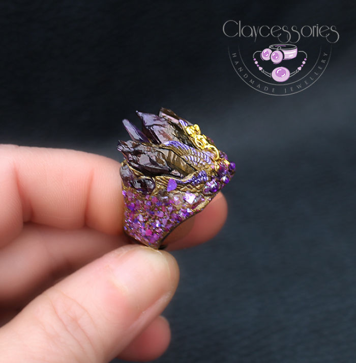 I Create Art Rings From Polymer Clay Decorated With Precious Stones And Pearls