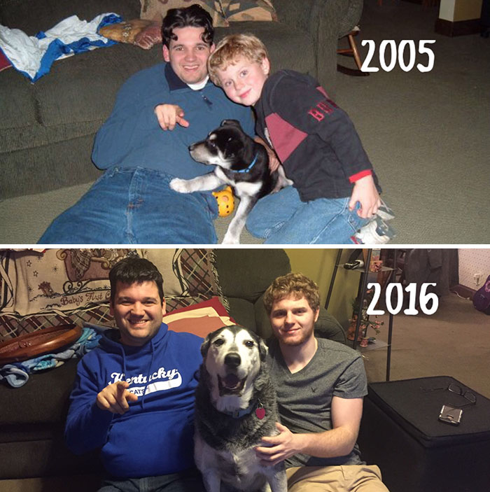 Re-took This Picture On Nye With My Little Brother And His Dog, 11 Years Later