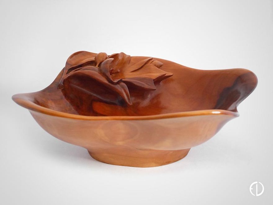 Hand Carved Apple Tree Bowl With Flower