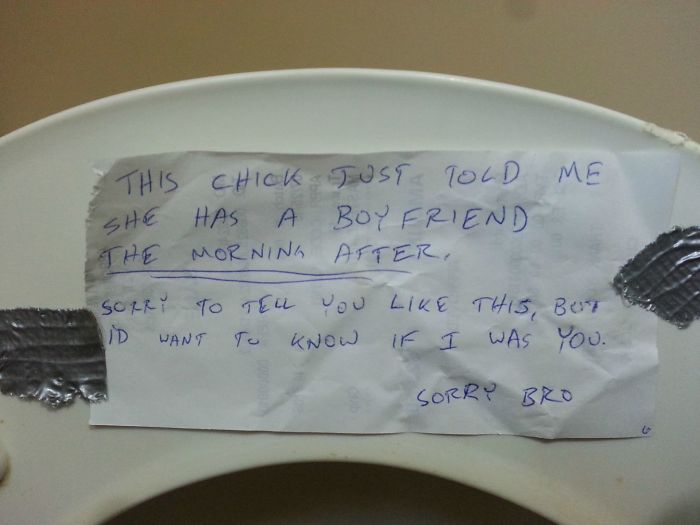 Note taped to a toilet seat, detailing an unexpected boyfriend revelation as karma payback.