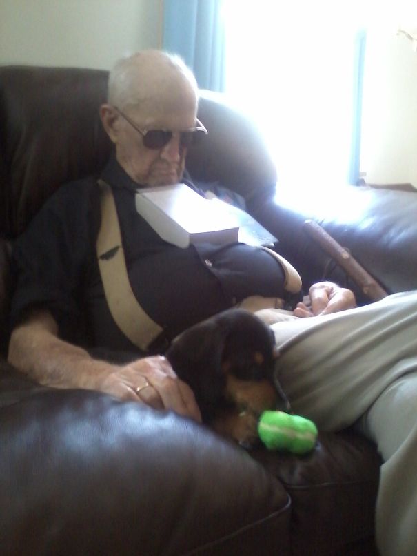When Asked Why He Got A Puppy At 93 Years Old, My Great Grandfather Responded "Women Love Puppies" So Here Is The Picture Of Him And His Little Wingman Fritzy