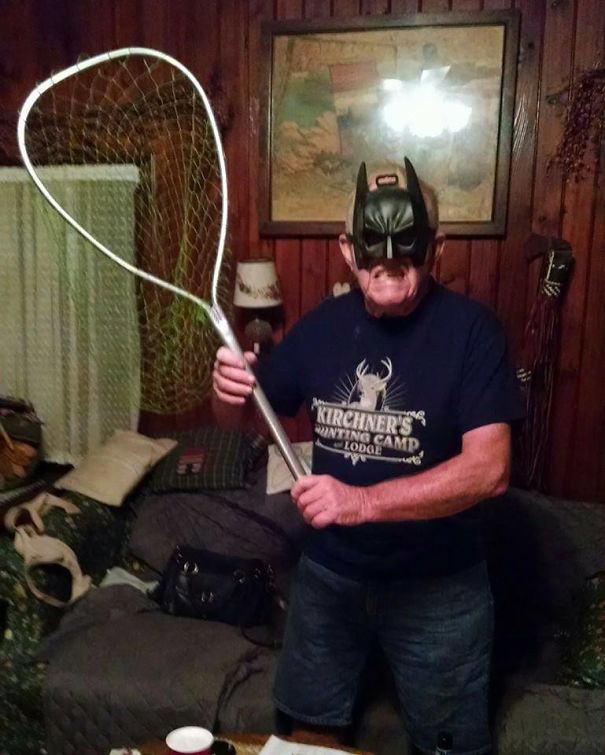 My Grandfather In His Bat-Catching Gear For When They Get Into The House