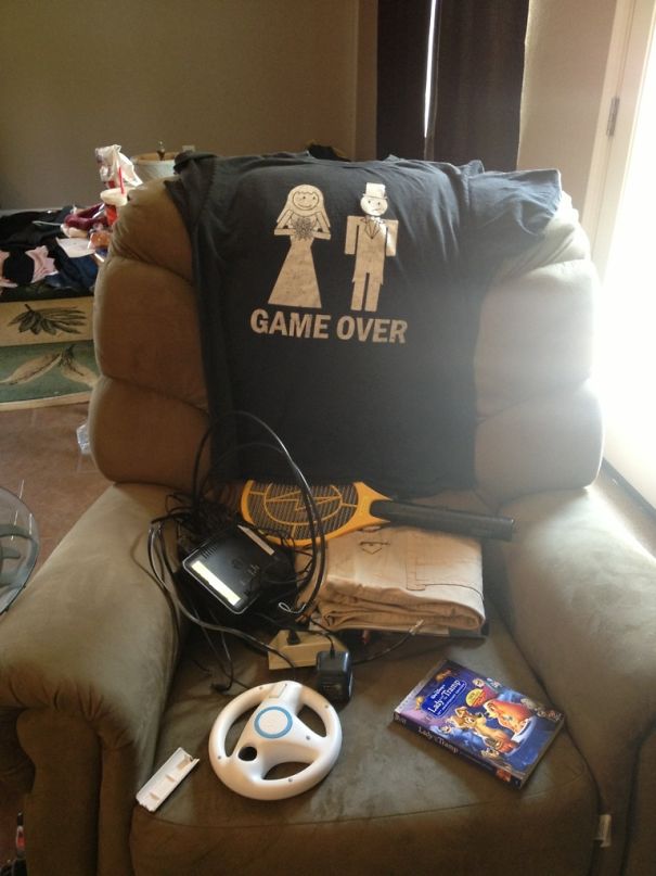 My Friend Caught Her Husband Cheating On Her With A Girl He Met Through Online Gaming. She Cleaned All Of Her Belongings Out Of The House Today While He Was At Work And Left The Shirt He Wore To His Bachelor Party On His Favorite Gaming Chair