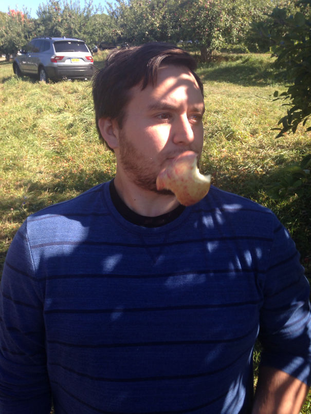 Apple Picking With My Family Sometimes Becomes Violent. Here We Have My Brother In Law About To Get An Apple To The Face