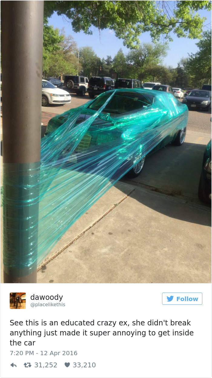 Car wrapped in plastic as epic revenge prank in a parking lot.