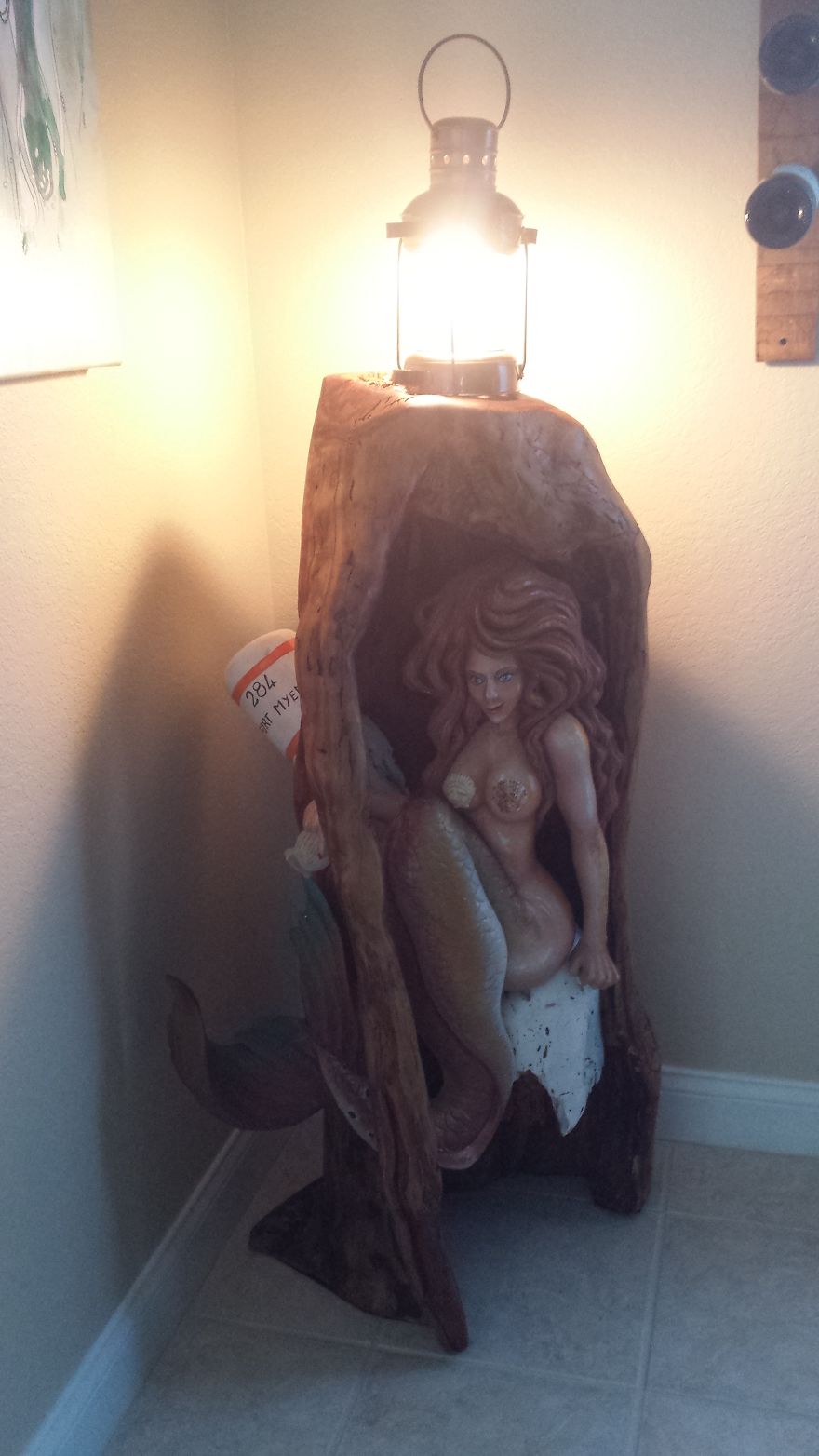 Carved Mermaid Cedar Log Lamp