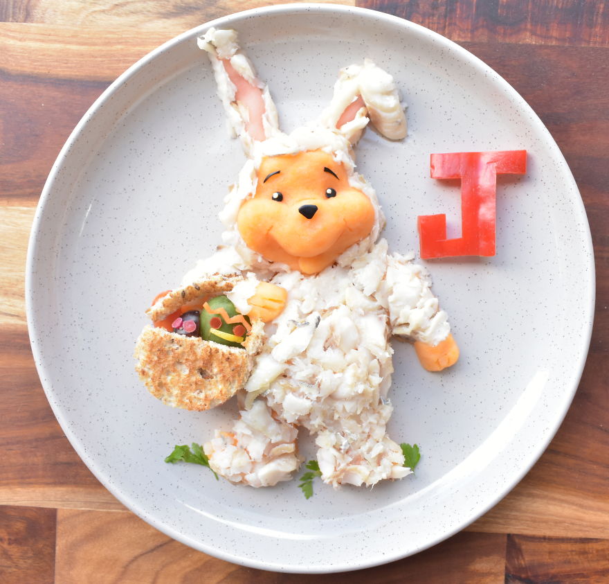 Winne The Pooh Dressed As The Easter Bunny - Whiting With Sweet Potato Mash