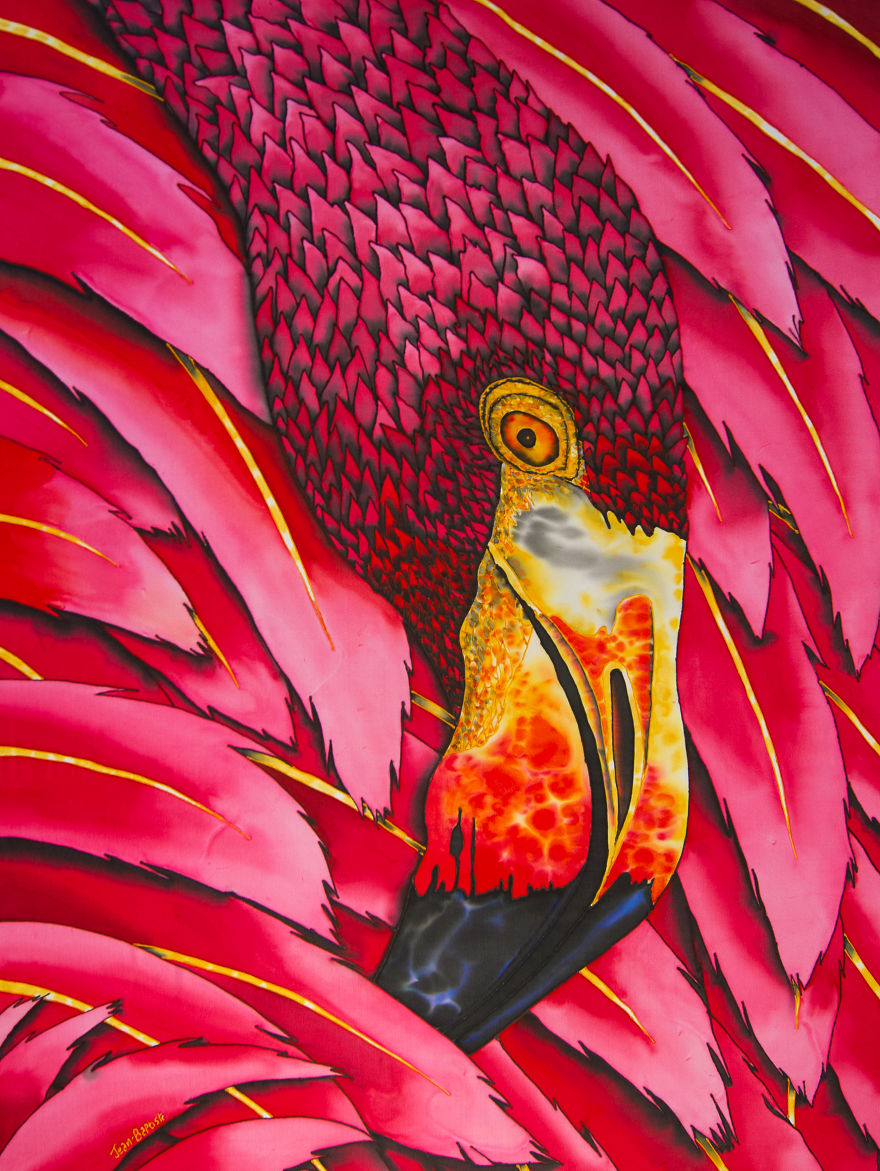 Flaming Flamingo Comes To Life In Batik Painting On Silk