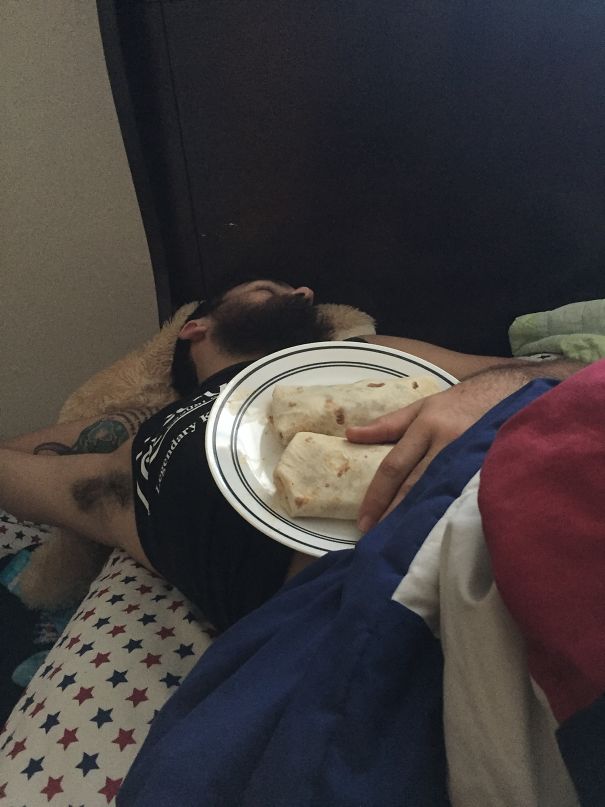 Found My Boyfriend In Bed, Asleep, And Cuddling His Burritos He Asked Me To Make For Him
