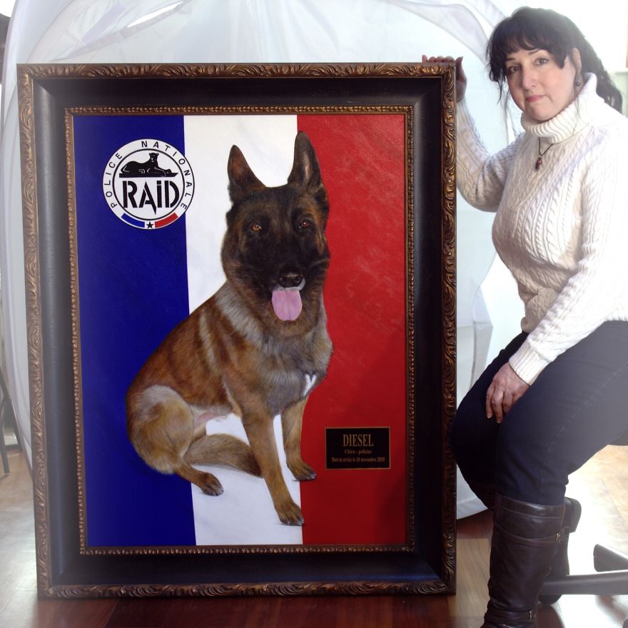 I Was Asked By The French Embassy To Paint A "Gift For France" Of Their First Fallen Police K9 Who Was Killed During The Isis Attacks In Paris. I Spent 237 Hours Bringing K9 Diesel "Back" On Canvas.
