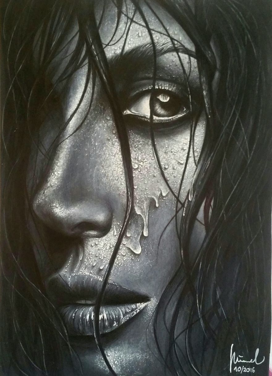 Drawing Woman's Face On Black Paper. It Took Hours, Days And Weeks To Finish This Project