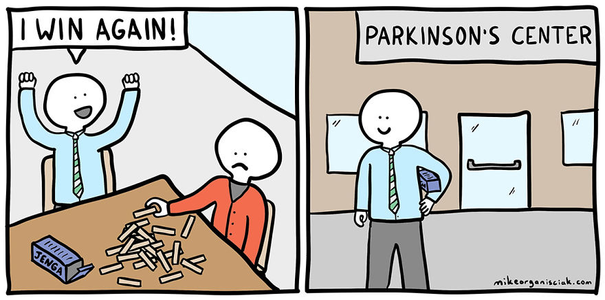 Comics about playing jenga in Parkinson's center 