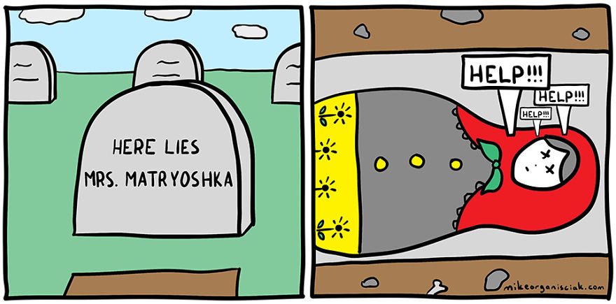 Comics about matryoshka lying in the ground 