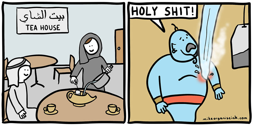 Comics with Genie and the hot tea 