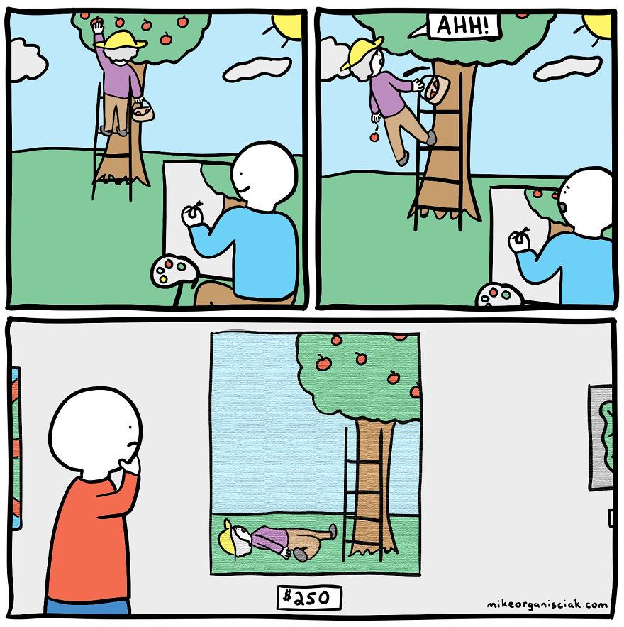 Comics with woman falling from the tree and man painting her 