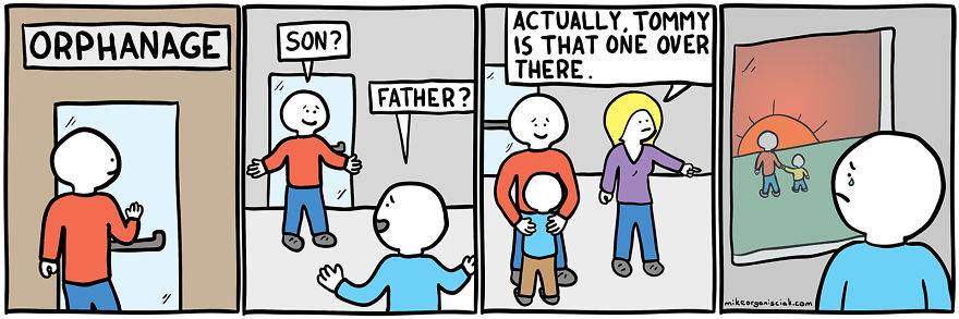 Comics with father meeting the wrong son at the orpahanage 