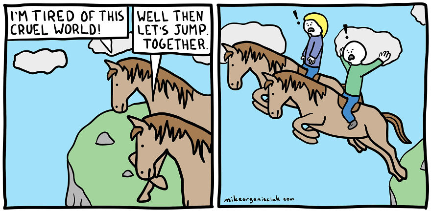 Comics about two horses jumping from the cliff 