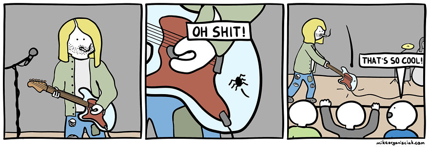 Comics about bass guitarist killing s spider with his guitar 