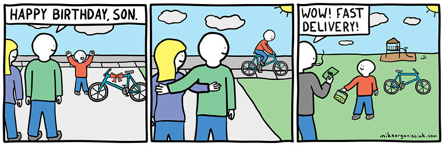 Comics with parents giving their son a bike 