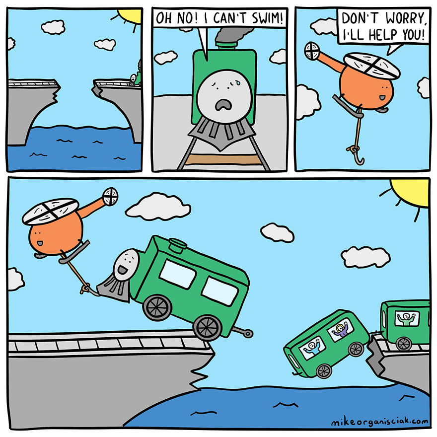 comics with helicopter saving the train beciuse it cannot swim 