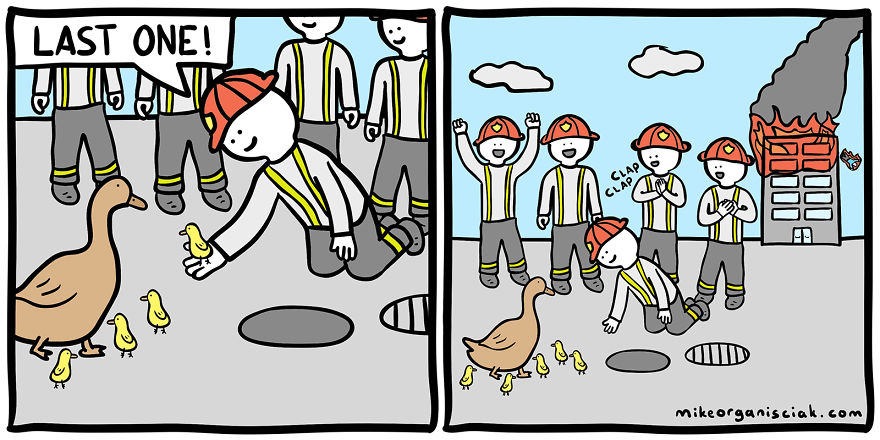 Comics with firefighters saving the duck family 