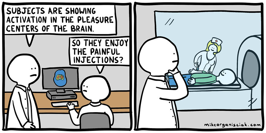 Comics about man getting an MRI and injection