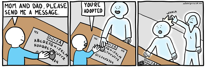 Comics about mom and dad telling their son he is adopted 