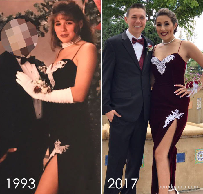 That's Me On The Left In 1993 And On The Right - My Daughter In 2017, Wearing My Prom Dress. I'm Happy She Likes My Style
