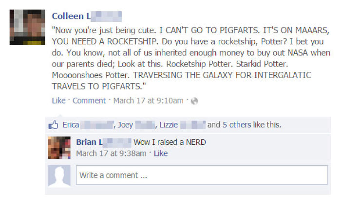 Facebook post of a parent roasting their kid with a nerdy comment, showcasing funny moments parents destroyed their kids online.