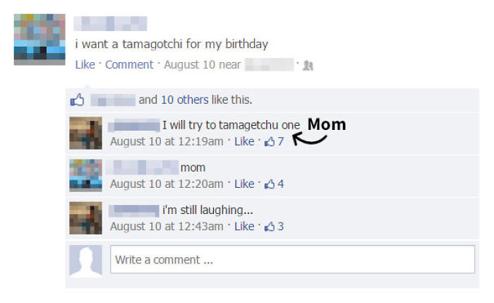 Facebook screenshot showing a parent humorously correcting a child's request, an example of parents destroying their kids on Facebook.