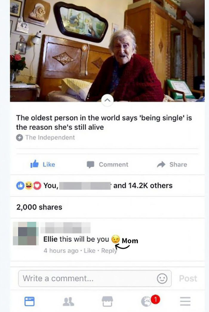Facebook post of an elderly woman with a mom's witty comment, one of the times parents destroyed their kids on Facebook.