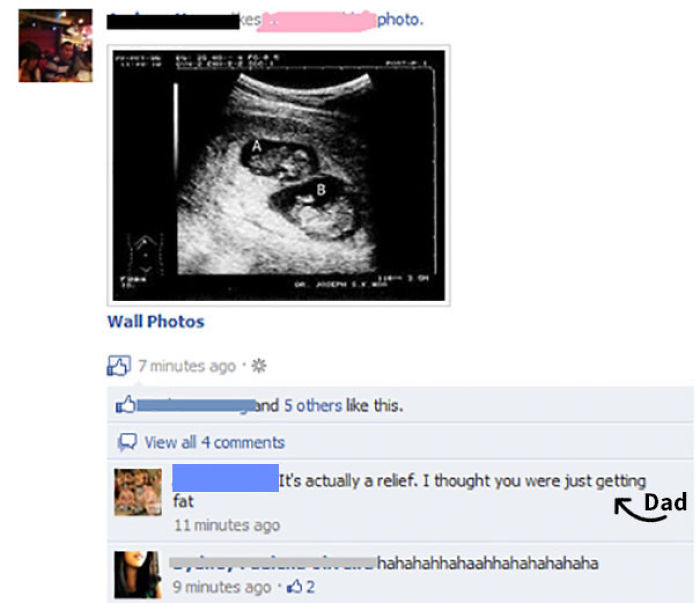 Facebook post showing a dad’s humorous comment destroying his kid with a twin ultrasound photo.