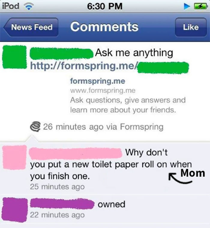Facebook comments showing a mom roasting her kid about not replacing the toilet paper roll, a classic parent destroy moment.