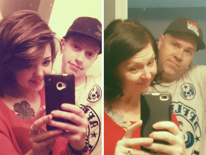 Two pairs of parents and kids taking mirror selfies, illustrating parents destroying their kids on Facebook with humor.