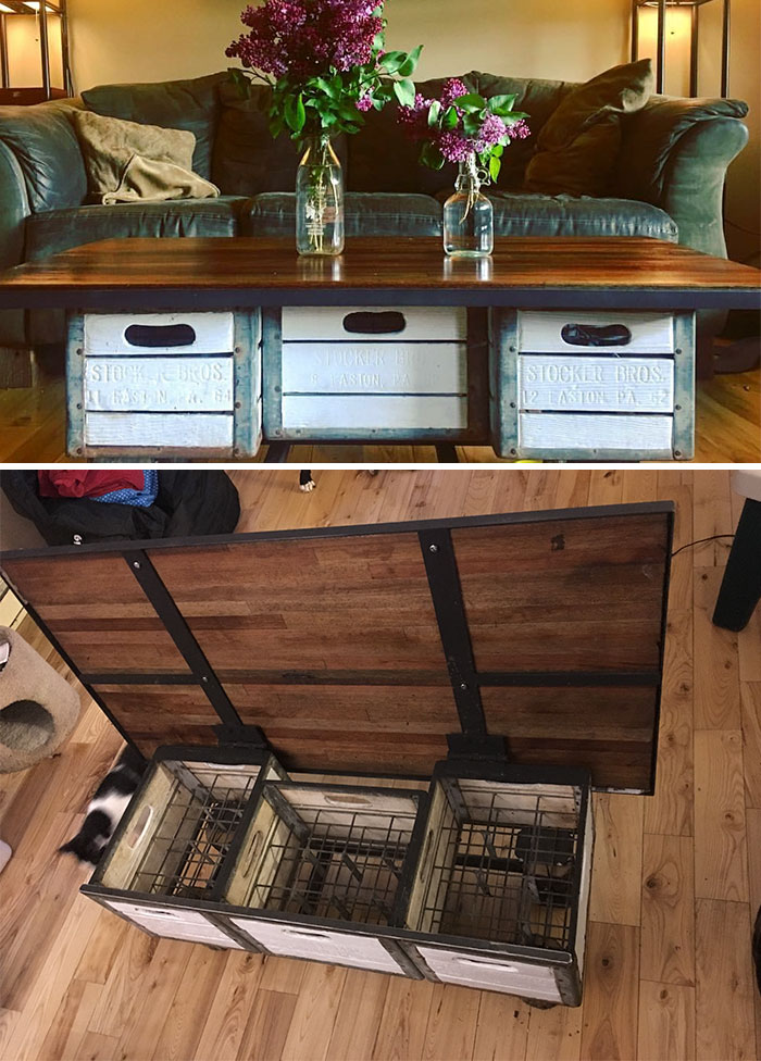 Needed A Place To Stash My Wine And A Coffee Table... Solved Both Problems With Some Milk Crates, Salvaged Truck Flooring And Some Scrap Steel