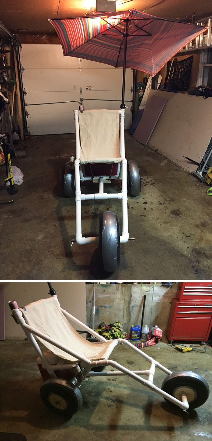 Mother-In-Law Has A Bad Hip And Was Sad That She Wouldn't Be Able To Walk To The Beach To Hang Out With The Family For The Fourth Of July Week. So I Made A Surprise For Her - A Beach Wheel Chair That Only Cost Me Around $140 To Make (They Sell Online For $1200+)