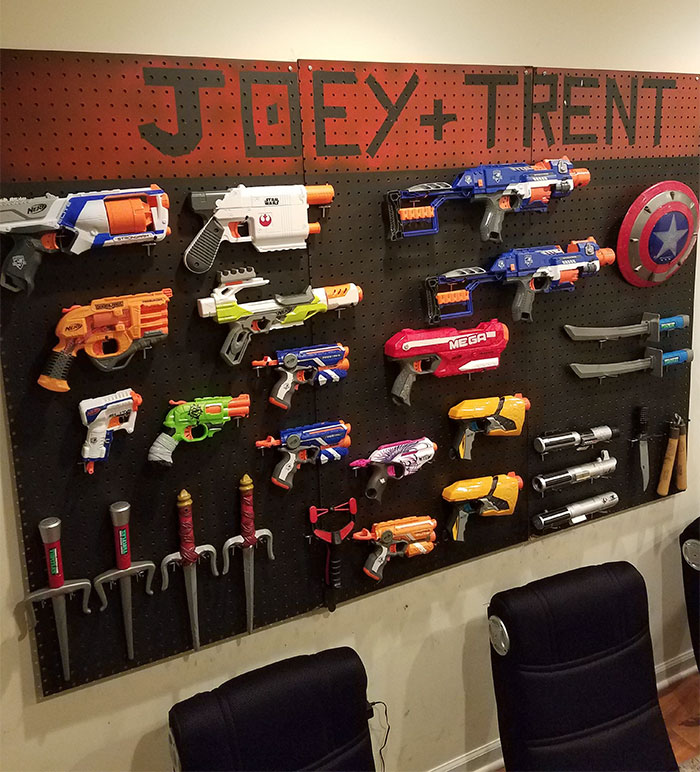 Created An Arsenal For My Kids Nerf Collection. It's Not Prefect, Or Professional By Any Means, But It Keeps Their Crap Off The Floor