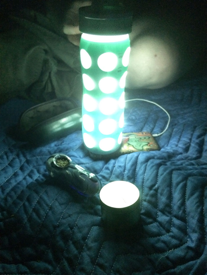 My Friends And I Were At A Beach Without A Lamp, So We Improvised With An Iphone And A Water Bottle